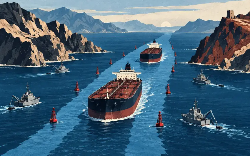 Editorial illustration of ships moving through a proposed Strait of Hormuz corridor