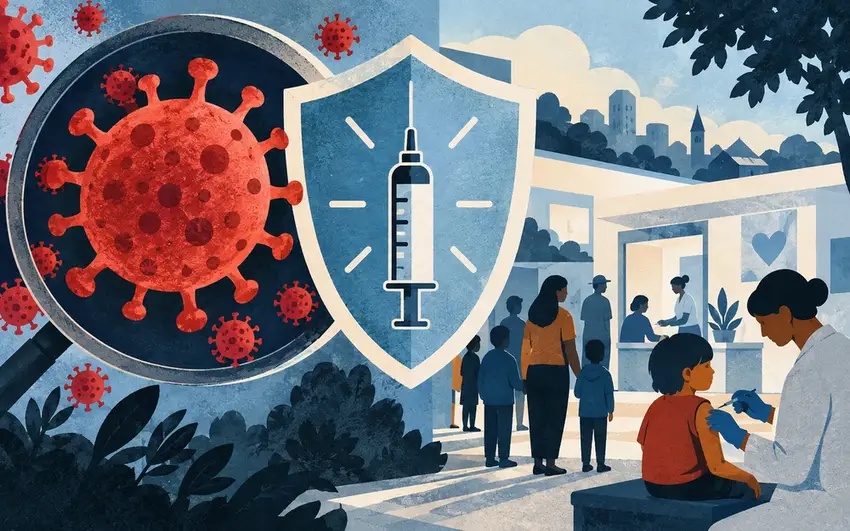 Editorial illustration of measles transmission, vaccination and public-health response