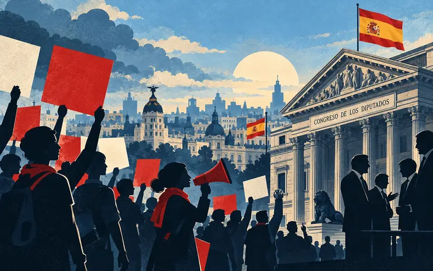 Editorial illustration of Spanish parliamentary and housing-protest motifs against a backdrop of Madrid skyline