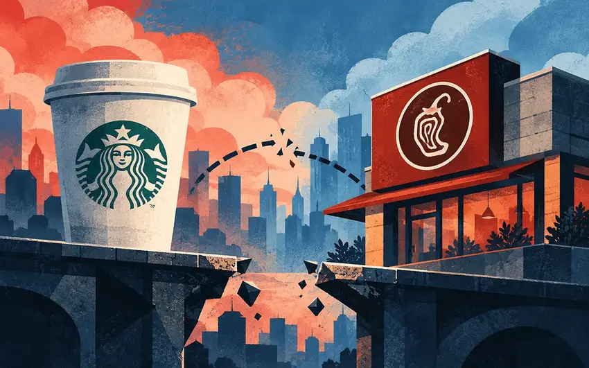 Editorial illustration of Starbucks and Chipotle branding amid merger speculation