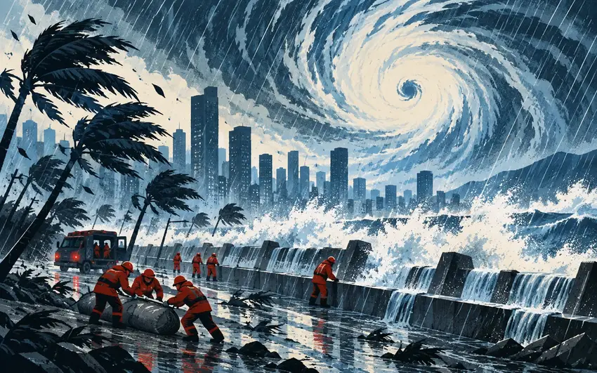 Editorial illustration of a powerful typhoon striking China's coast